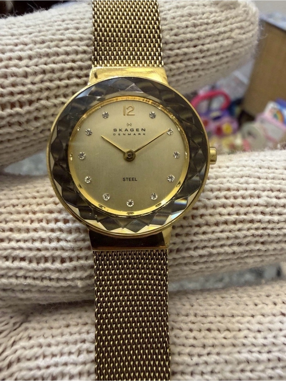 Skagen Leonora 456SGSG Women's Watch Gold Steel Mesh Faceted Bezel Crystal Dial